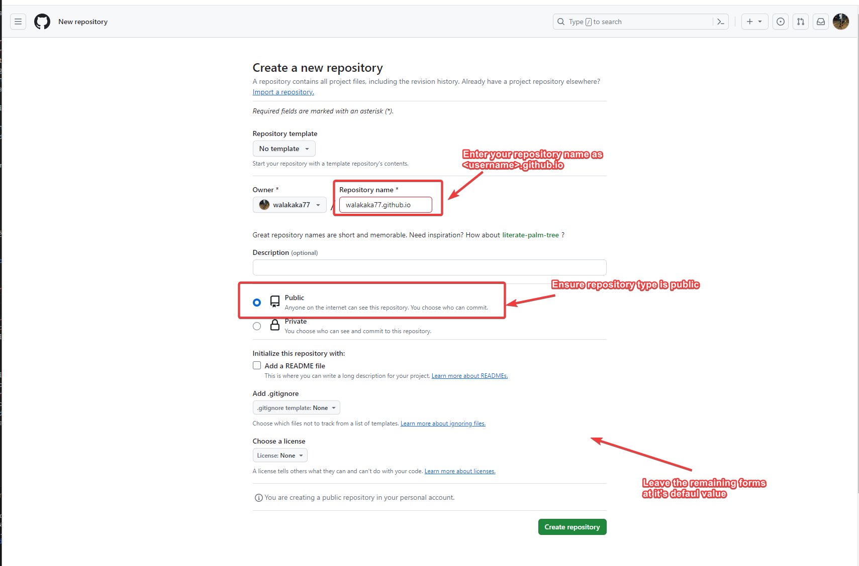 image of specifying the repository details in github