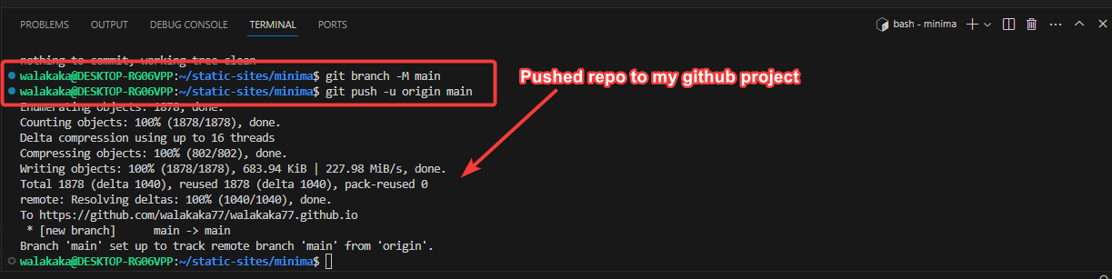Image showing successful push of local repo to my remote github repo