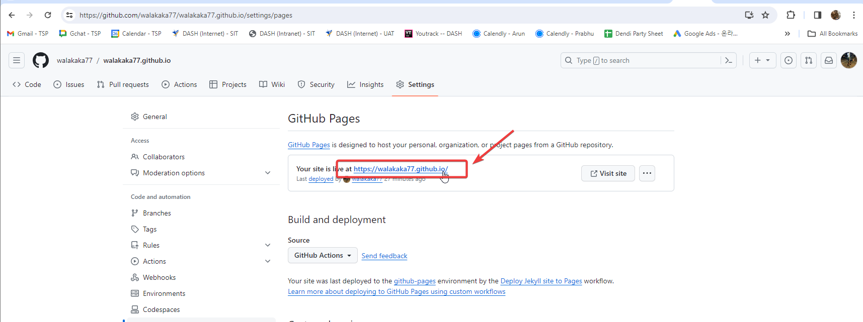Image showing completed GitHub pages deployment and link to live site