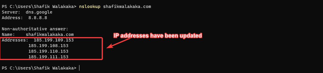 Image showing the verification of my shafikwalakaka.com nameserver using nslookup