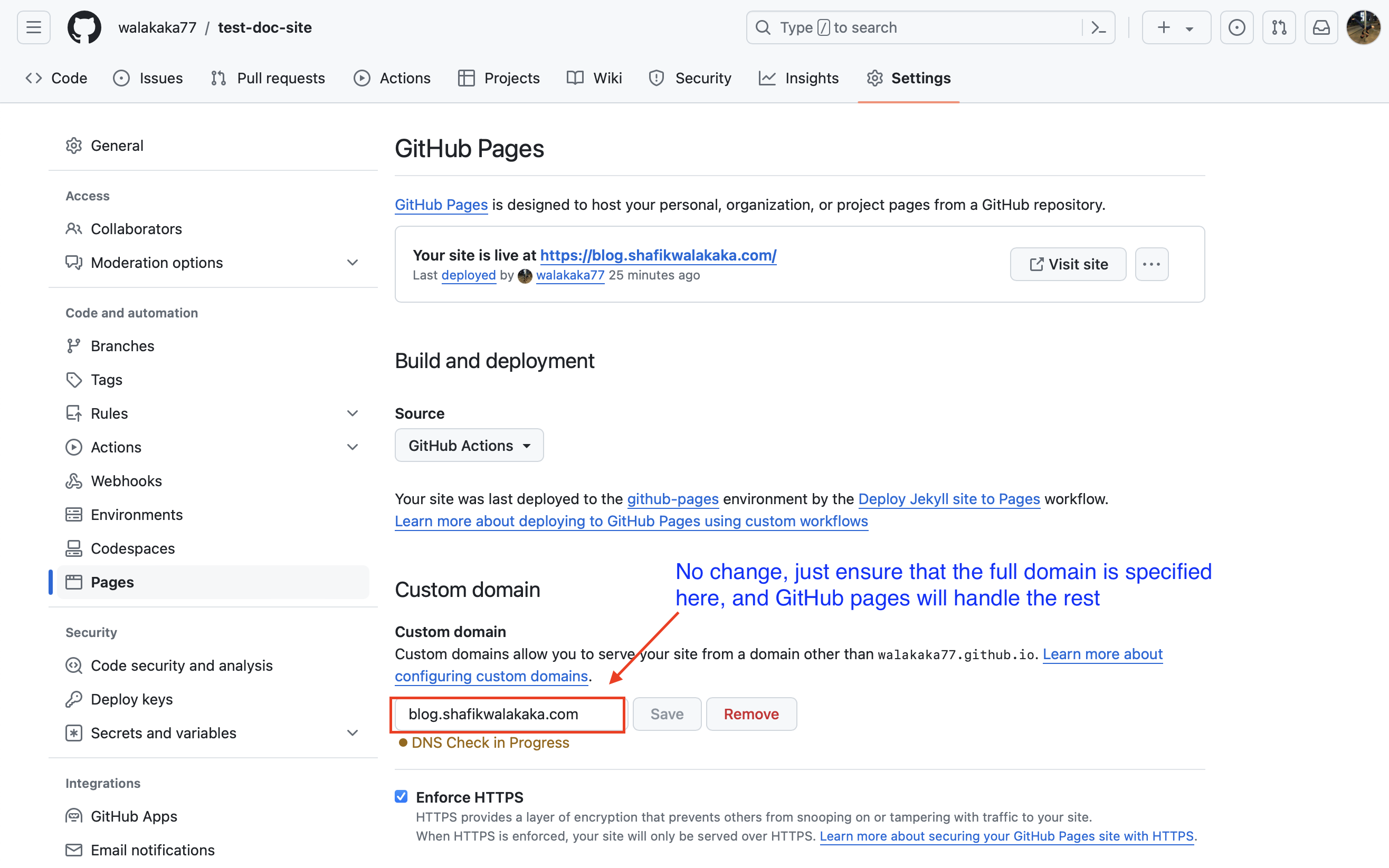 image showing the github pages configuration for setting the custom domain for subdomain