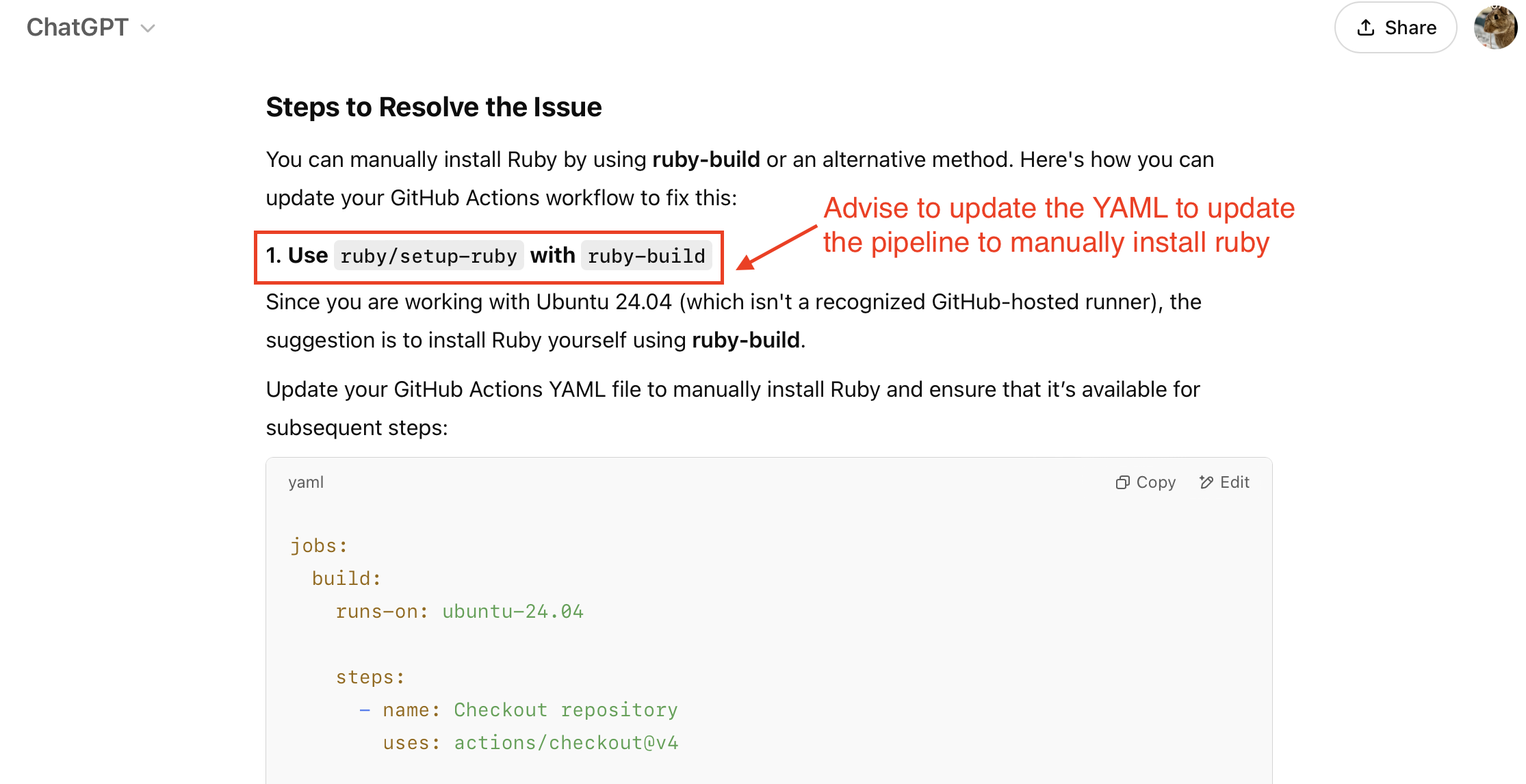 ChatGPT advising that we install Ruby Manually