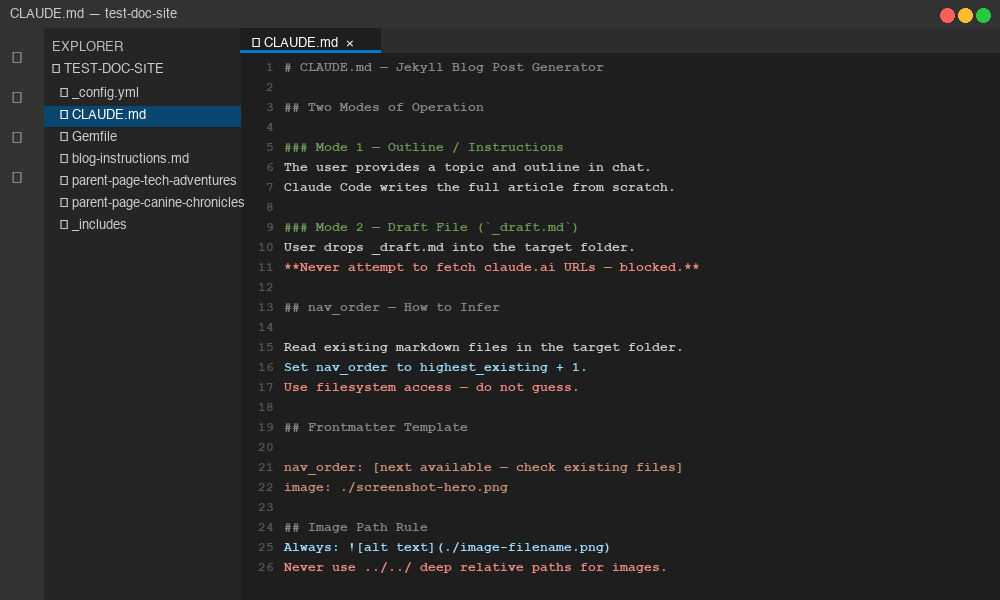 CLAUDE.md open in VS Code at the repo root