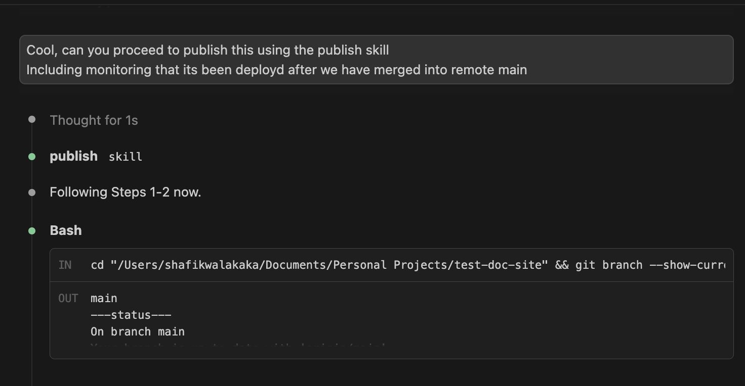 Steps 1-2: verifying branch and showing pending changes