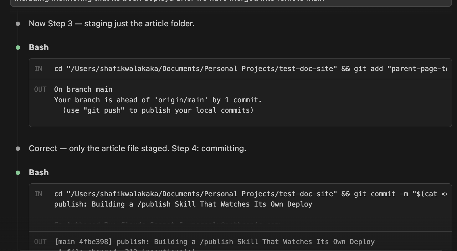 Steps 3-4: staging the article folder and committing