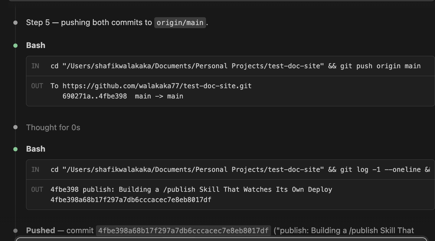 Step 5: pushing to origin/main and confirming the commit hash