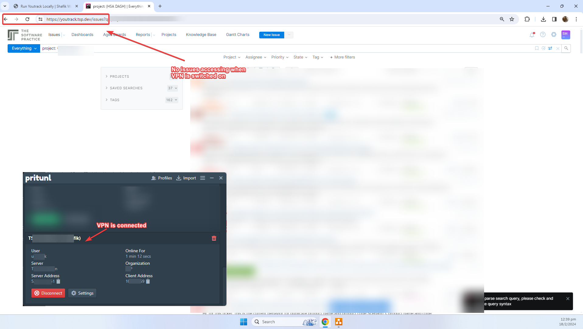 image showing the ability to access youtrack with the VPN switched on