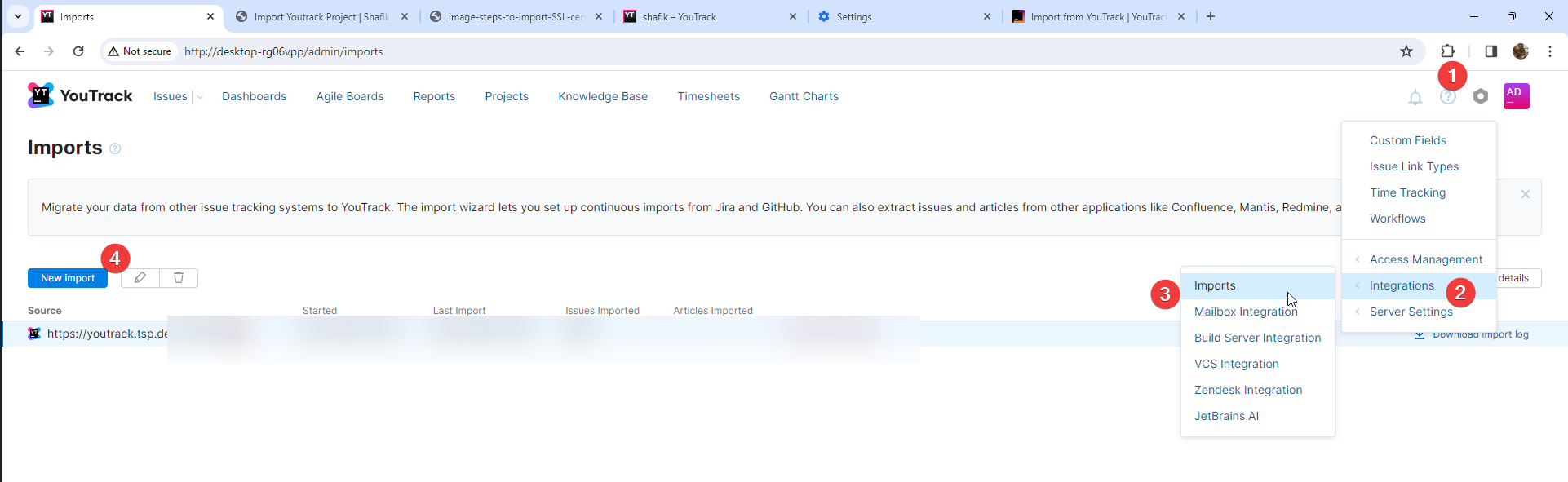 image showing how to navigate to the project imports page