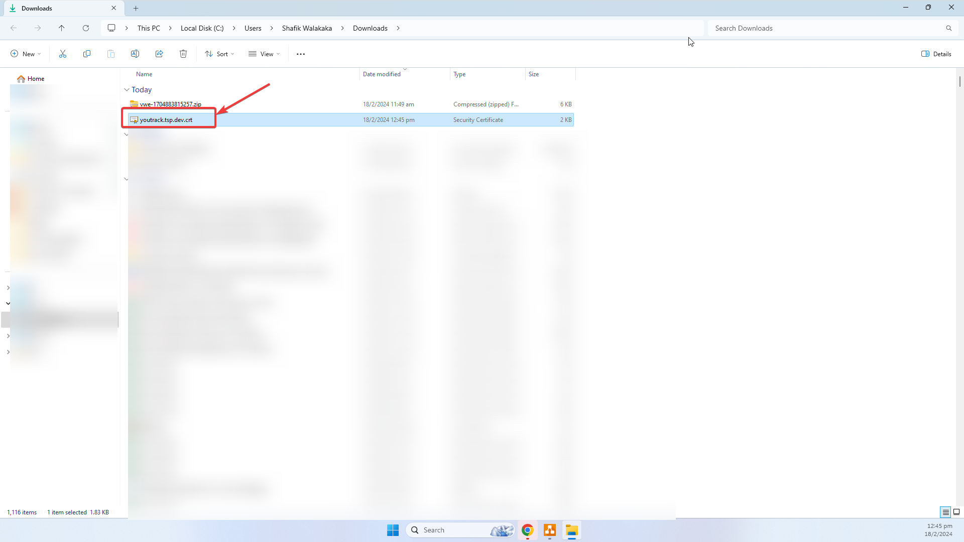 image of exported certificate in my downloads folder