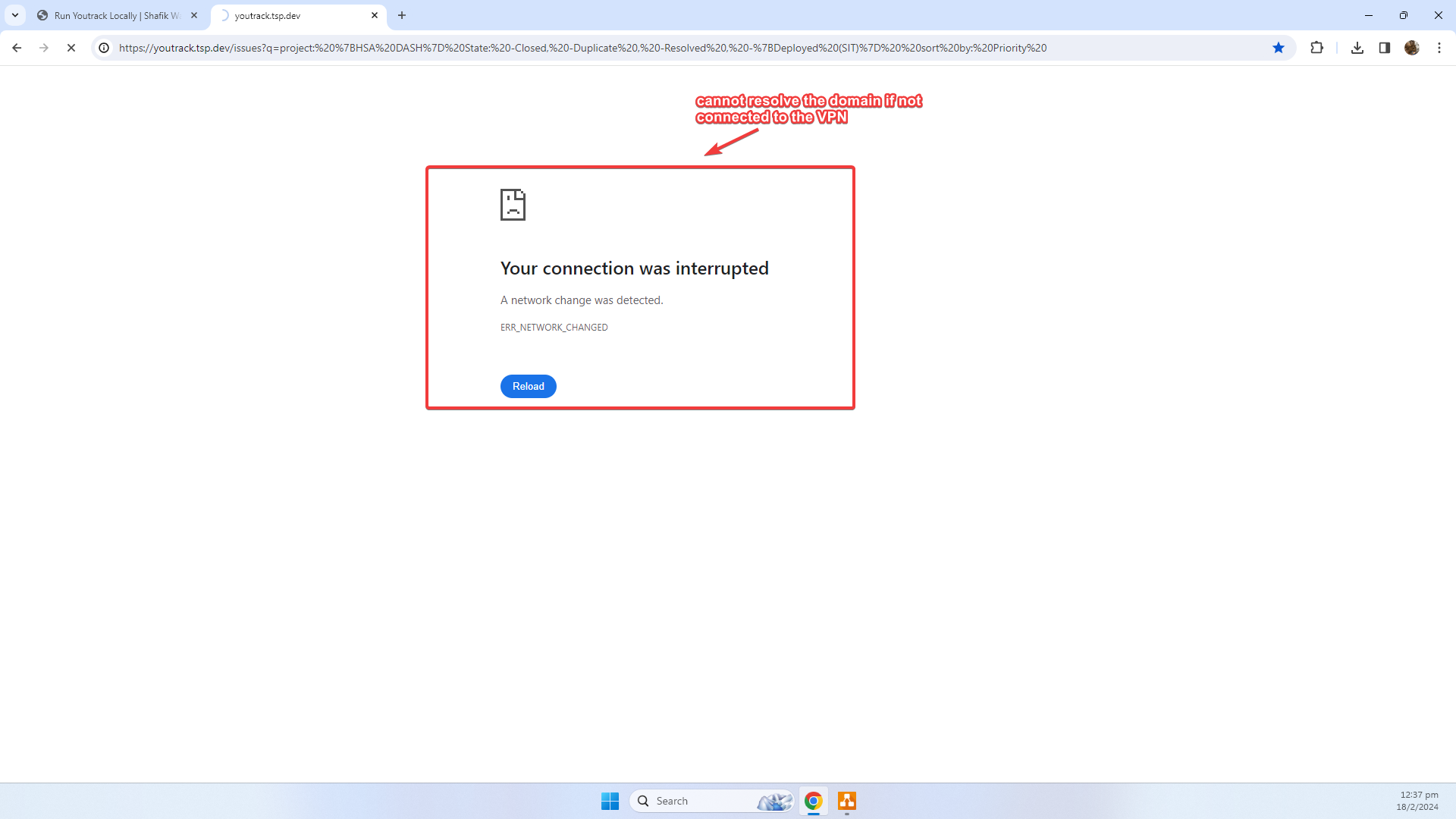 image showing that we cannot access my production youtrack server without VPN