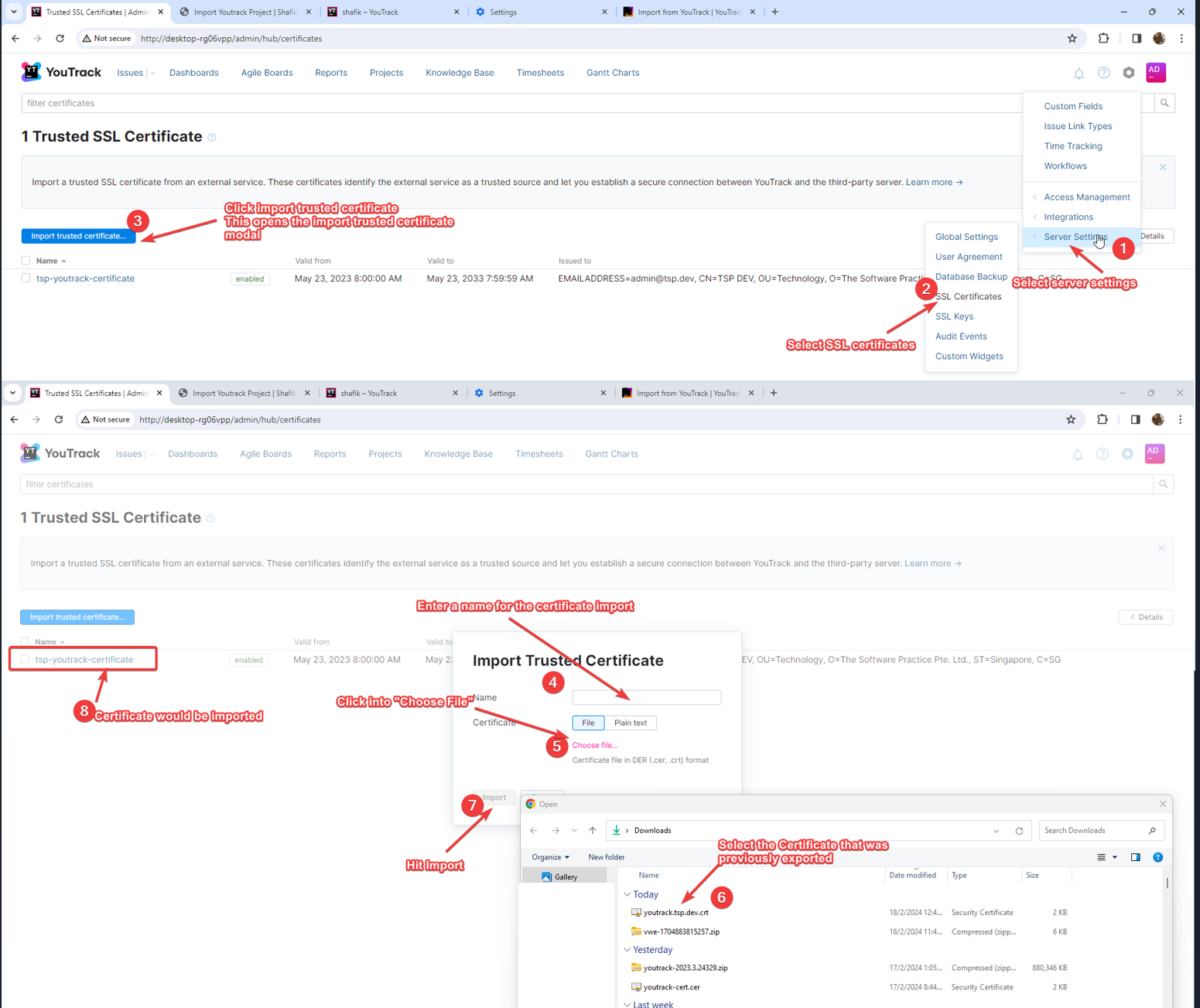 iamge showing steps to configure SSL certificate in local youtrack instance to access prod youtrack instance