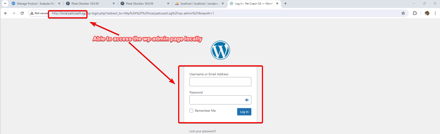 image showing how we access the wp-admin page locally