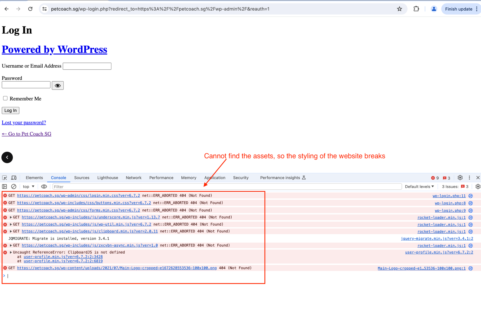 WP admin page failing to load