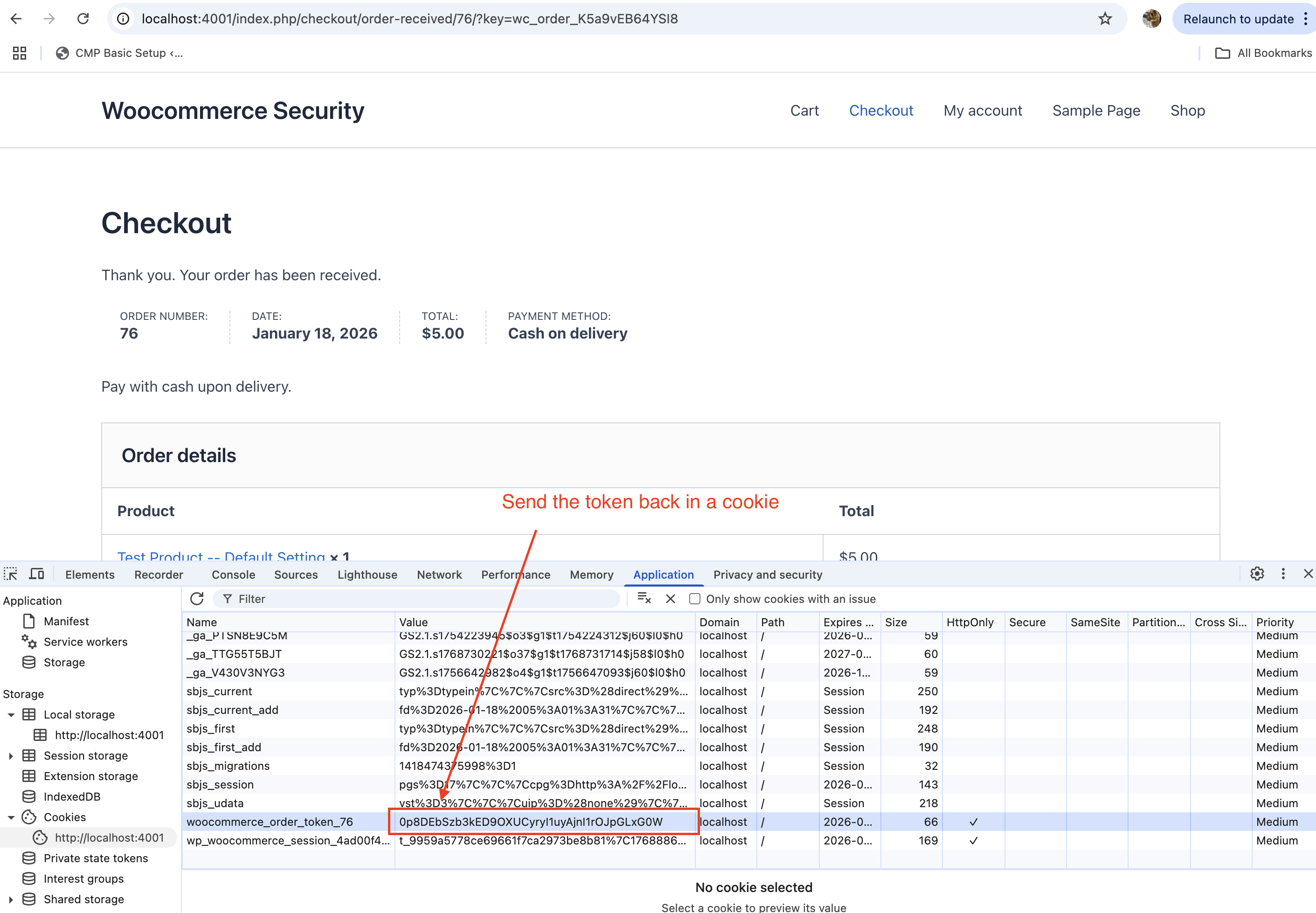 token sent back to server in a cookie