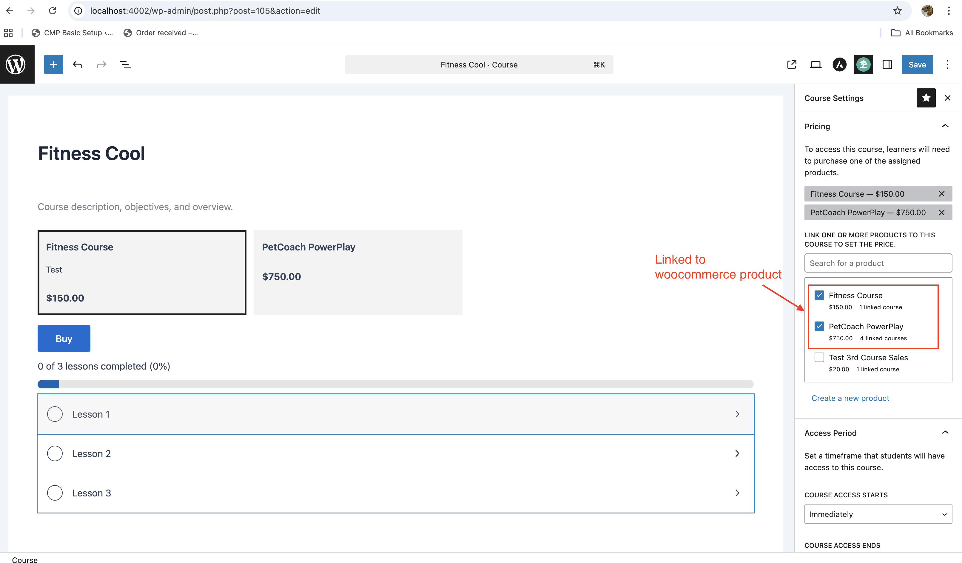 course linked to woocommerce product