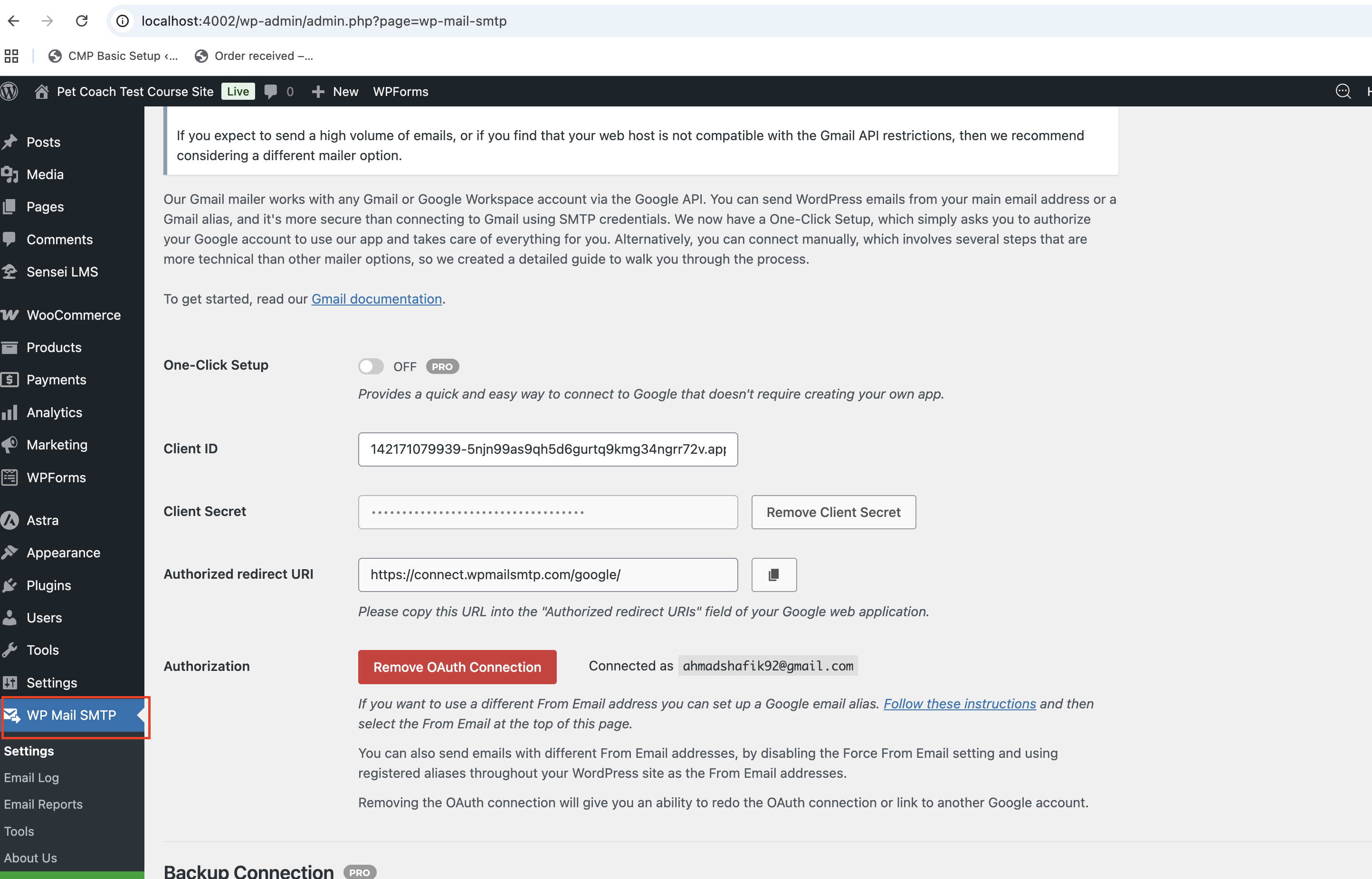 screenshot of the setup