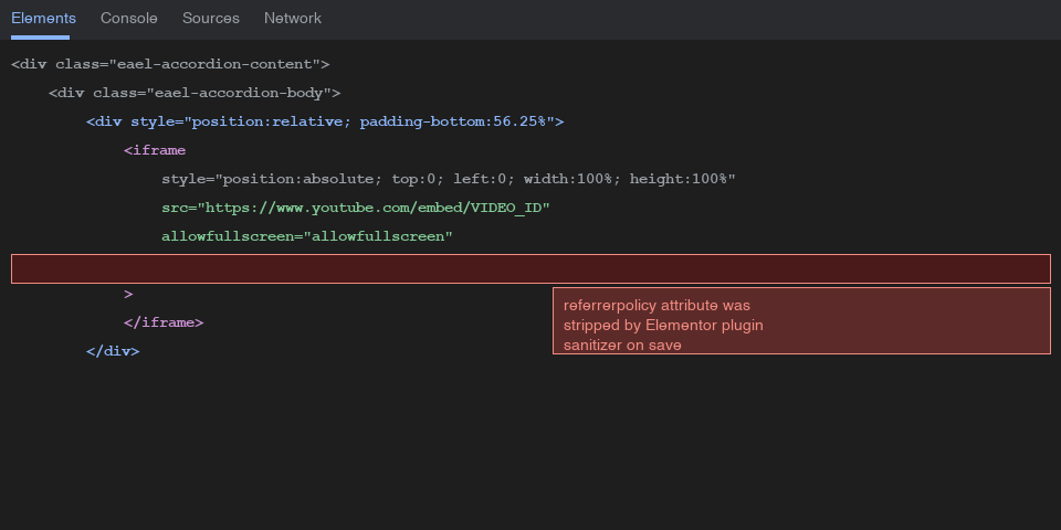 DOM inspector iframe missing referrerpolicy