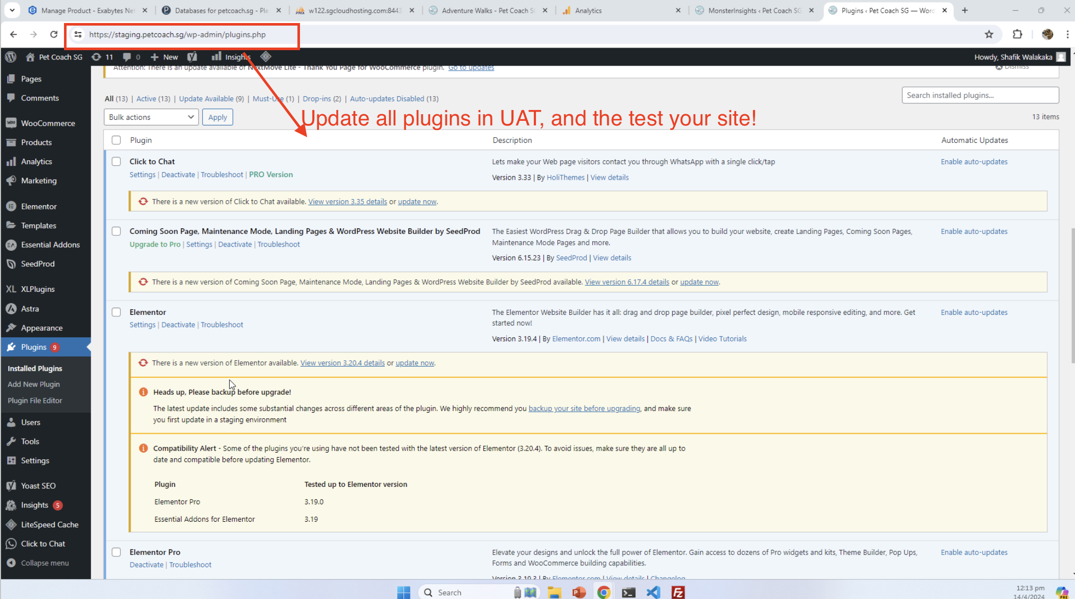 image of updating plugins in UAT