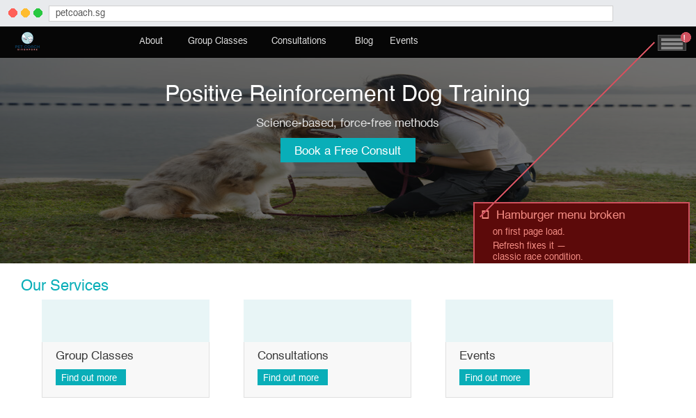 Broken hamburger menu on petcoach.sg first load