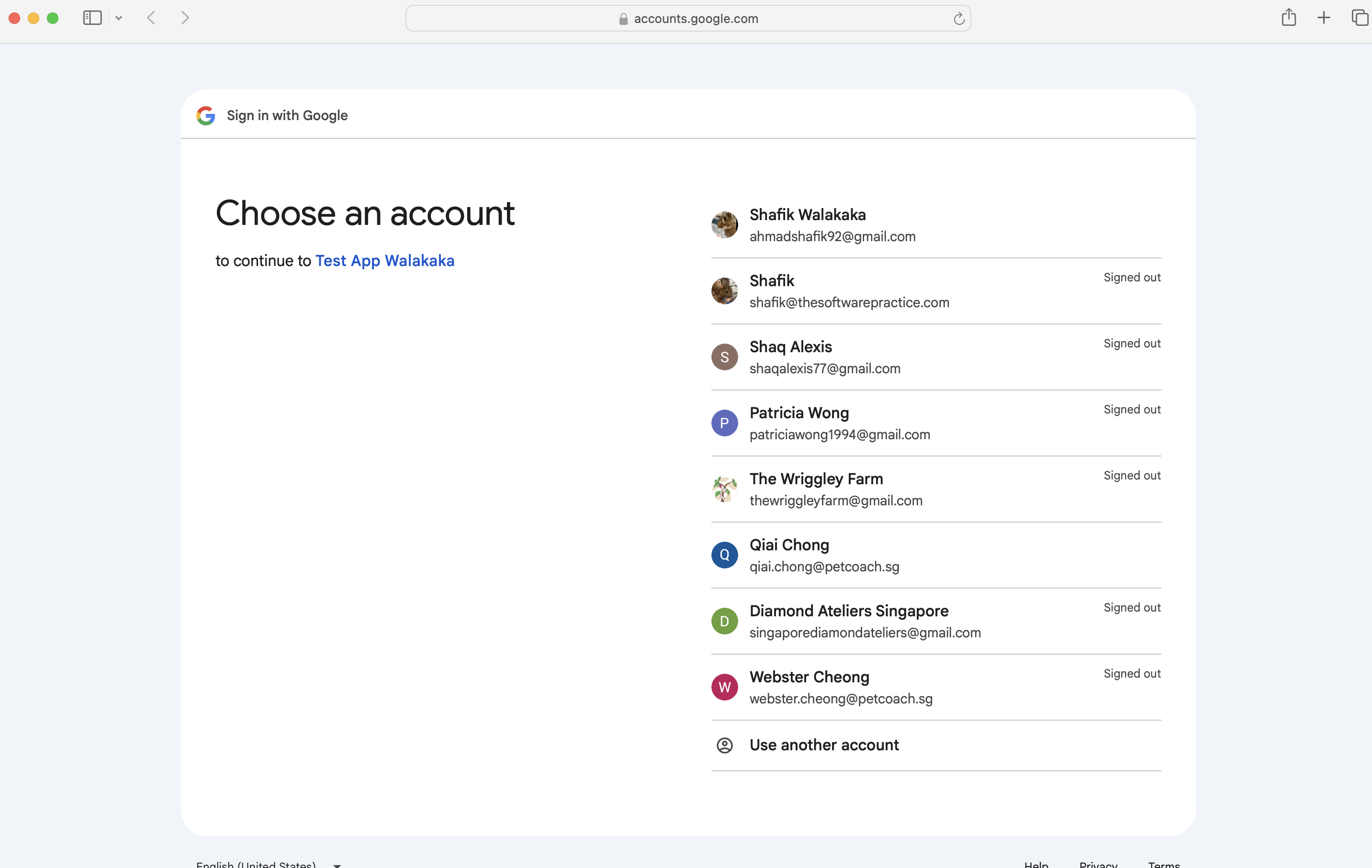 Google's account picker for this OAuth client