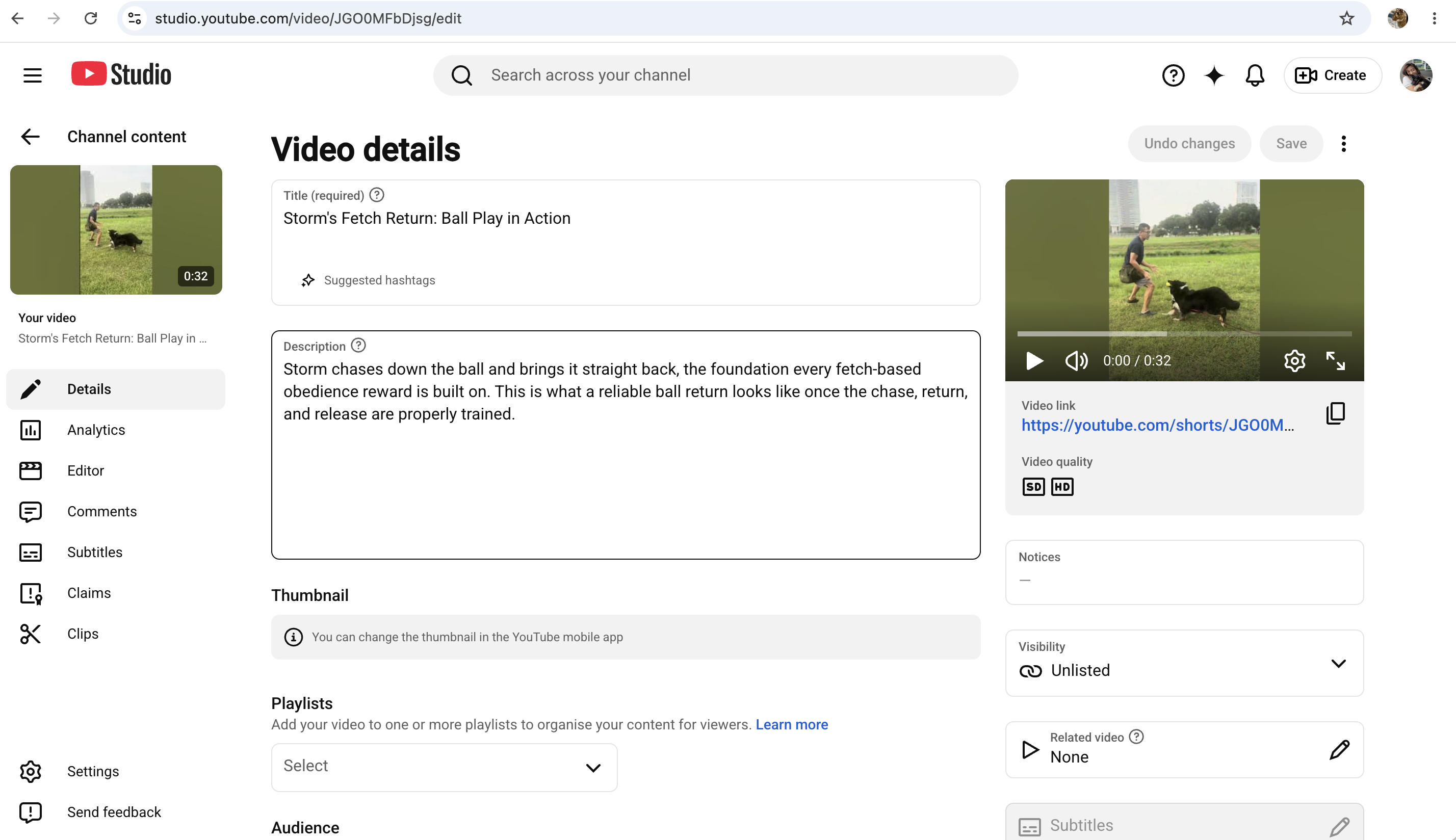 YouTube Studio's video details page for the finished upload, Unlisted, with the title and description set