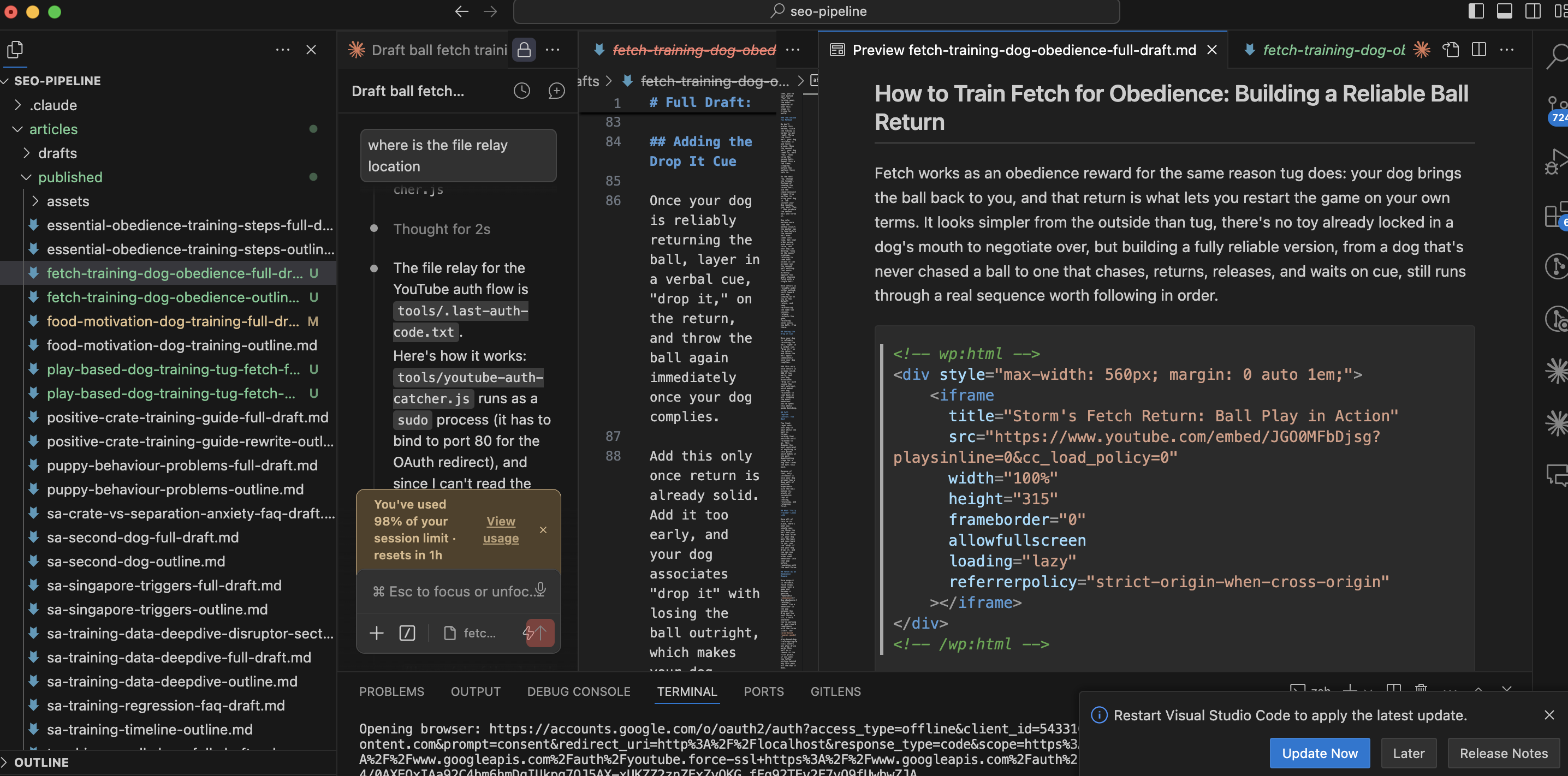 The generated wp:html block next to a live preview of the finished draft, embed already in place