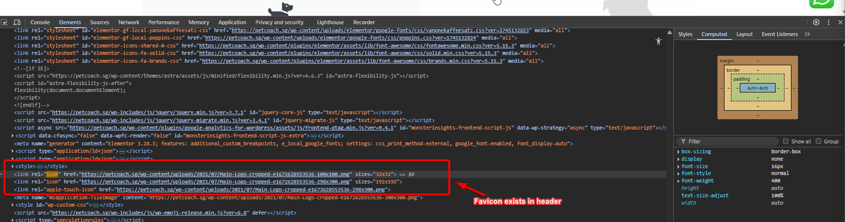 Favicon exists in html header