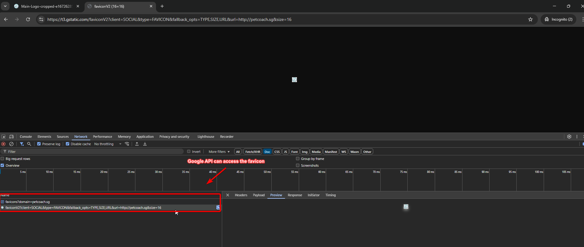 Verified that google api can access the favicon