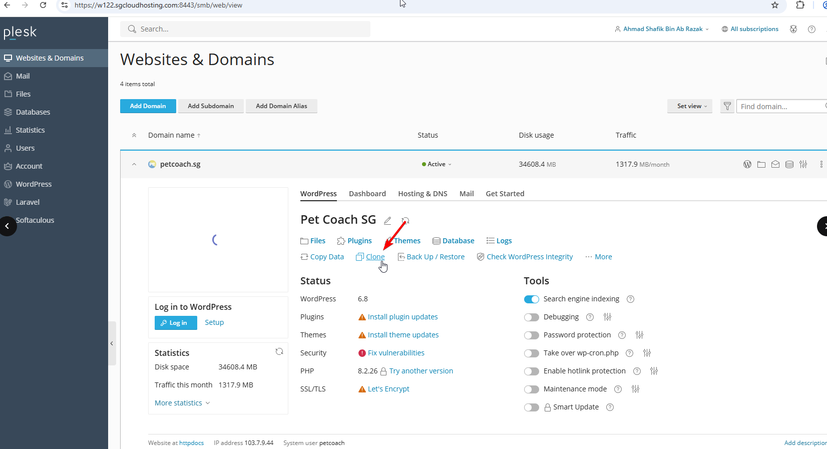 PLESK site click clone