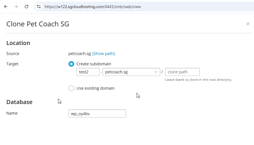 create test2.petcoach.sg in plesk