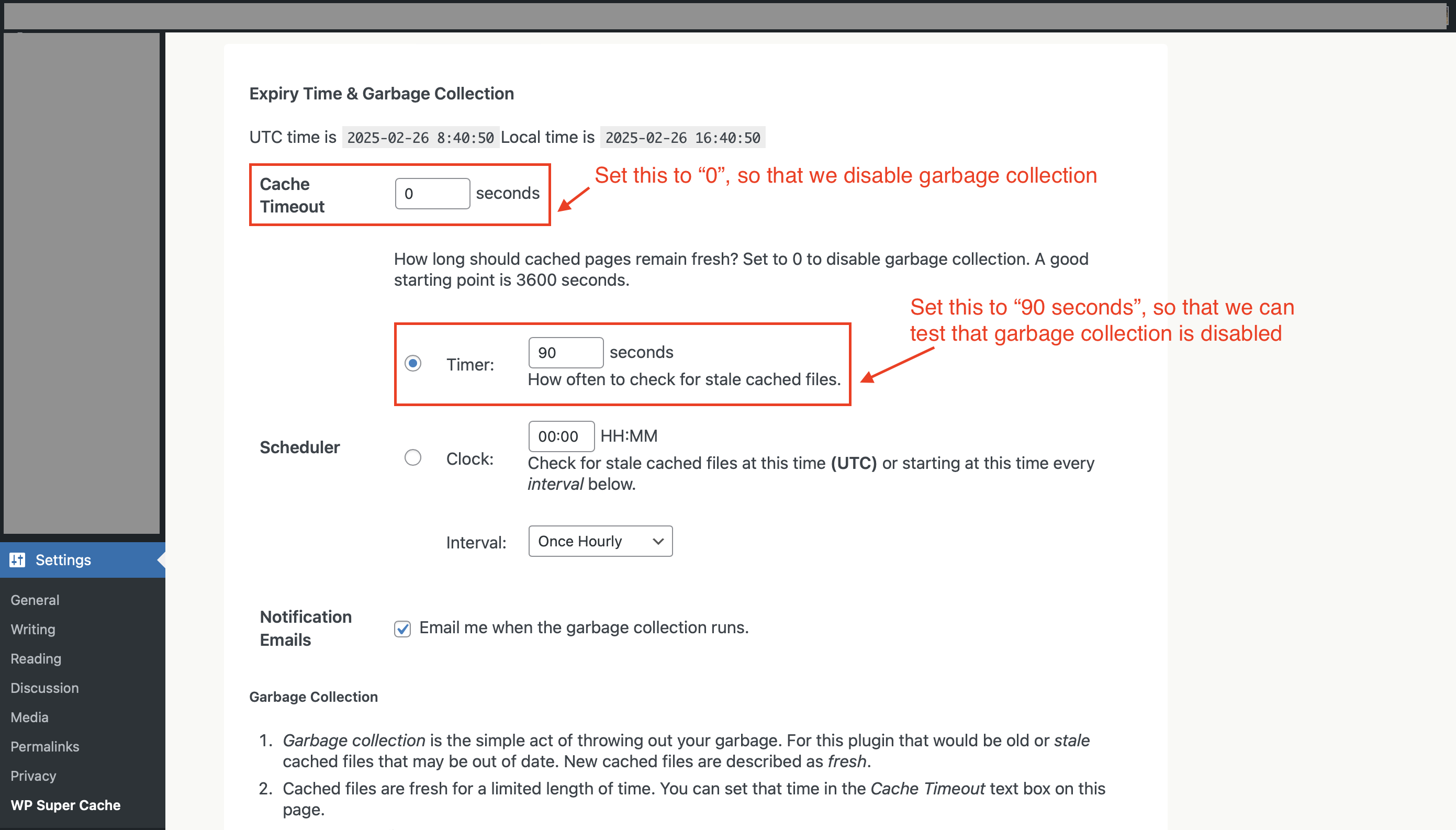 Configuring the Advanced Tab in WP Super Cache to switch off the Garbage Colletion