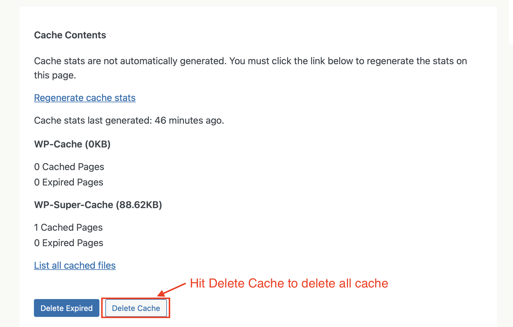 Delete cache in the content tab in W3 Super Cache Settings