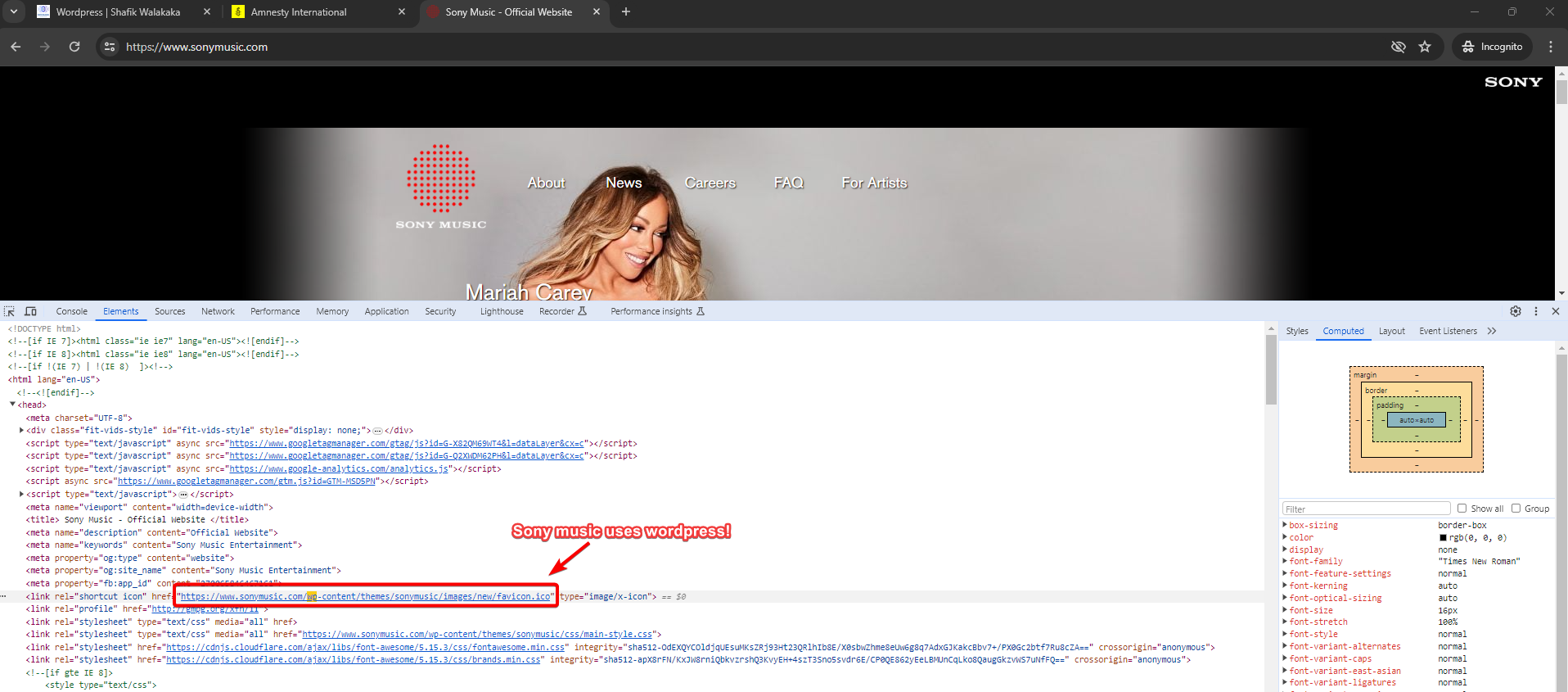 image showing that Sony Music uses wordpress