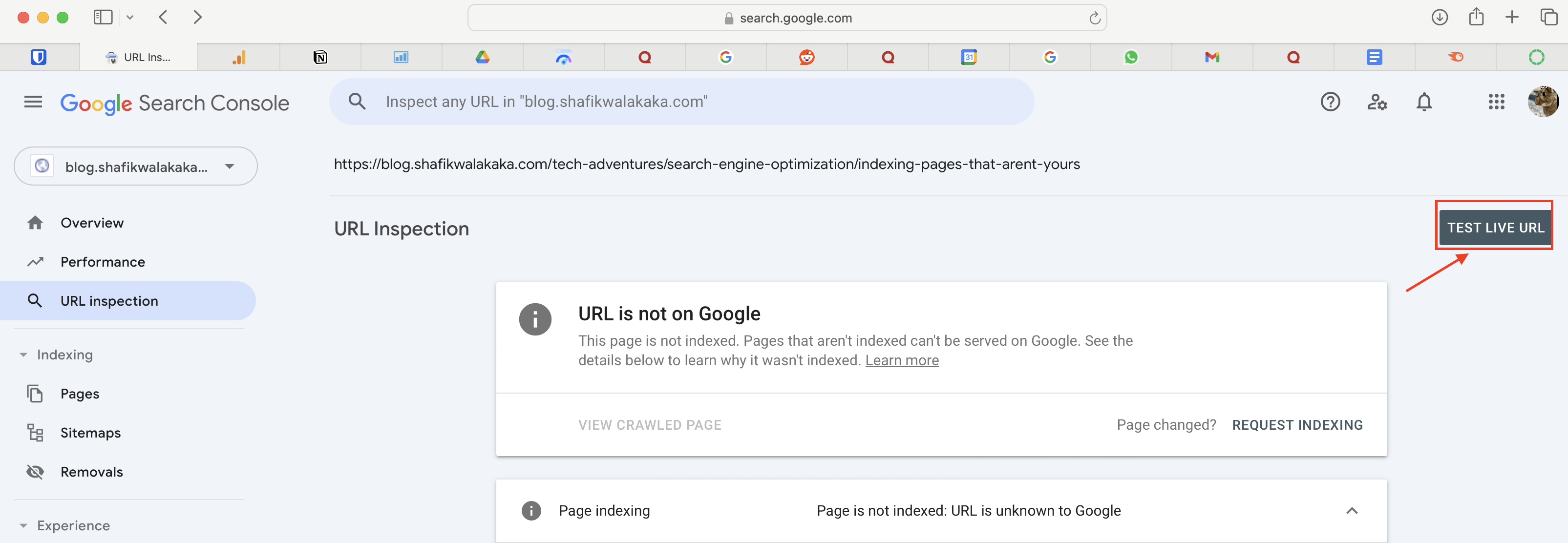 Hitting the live test URL button in Google Search Console