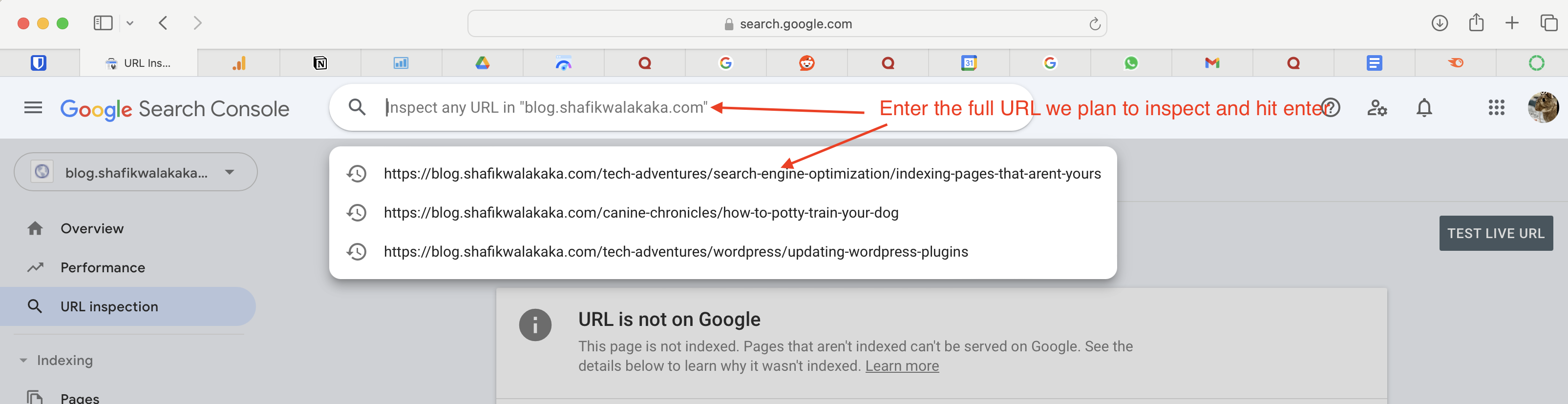 inspecting the current blog's URL in our google search console