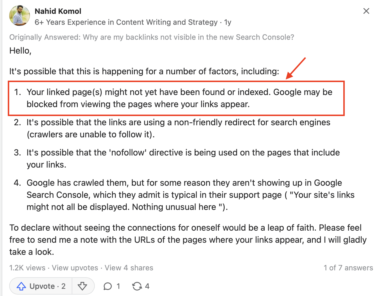 Quora discussion regarding possible reasons why GSC does not register backlink