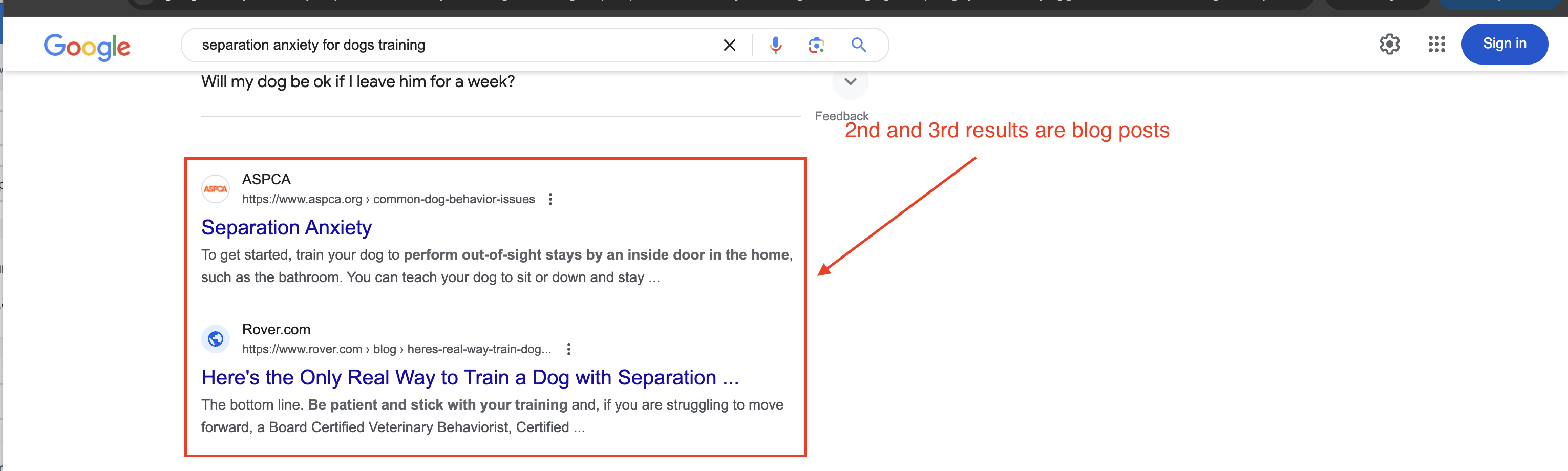 second and third results for "separation anxiety for dogs training"