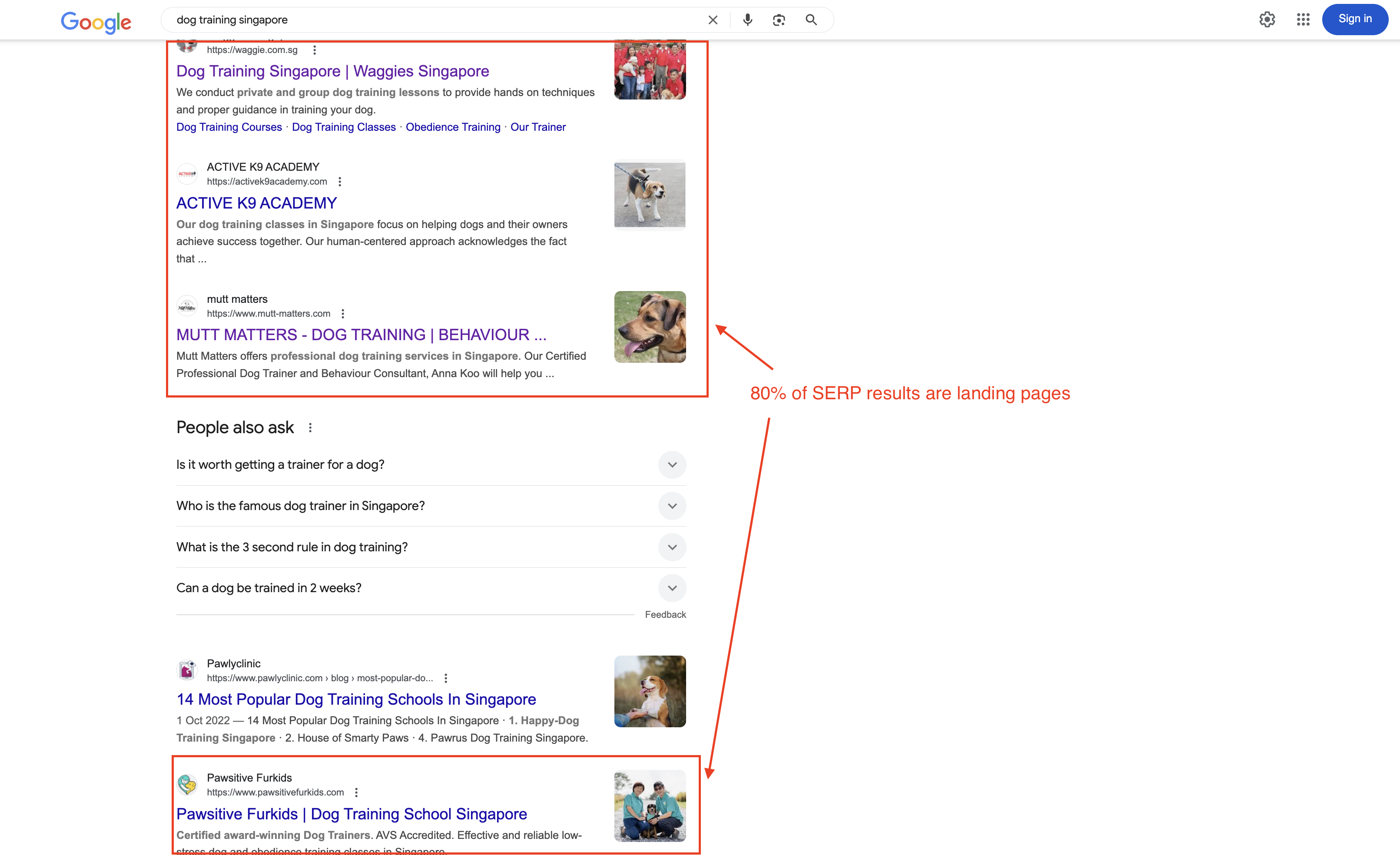 80% of the SERP for the search query dog training singapore is a landing page