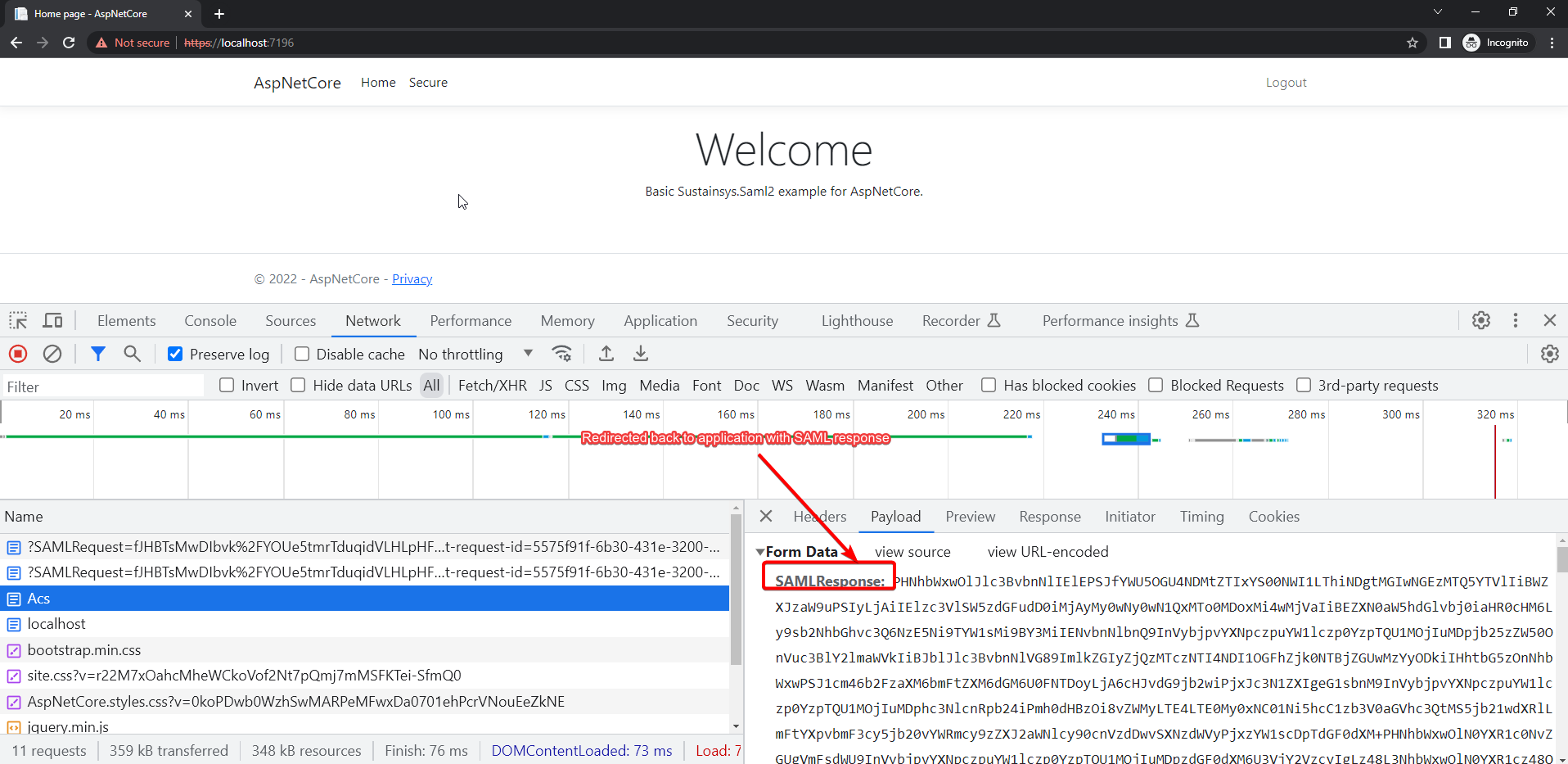 SAML response captured in DevTools