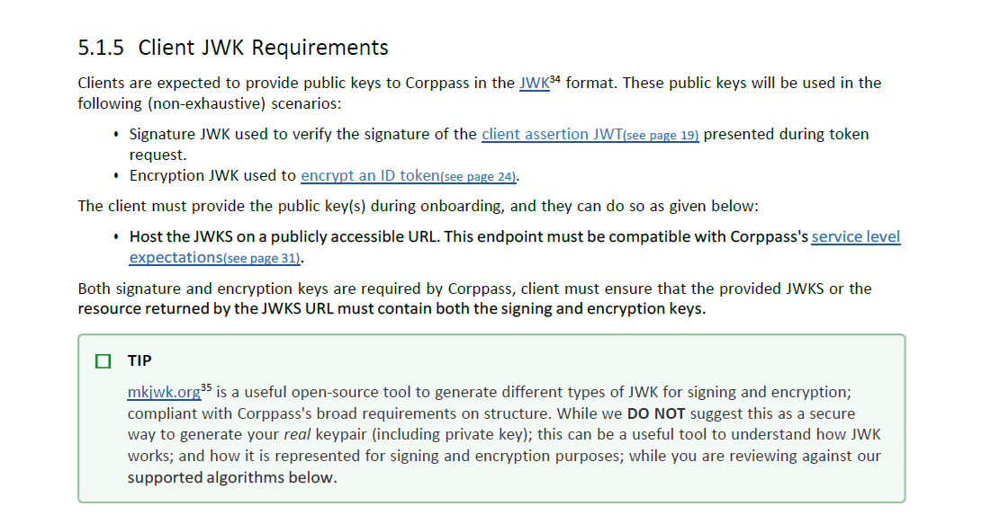 Corppass client JWK requirements -- clients must publish a JWKS containing both a signing and an encryption key