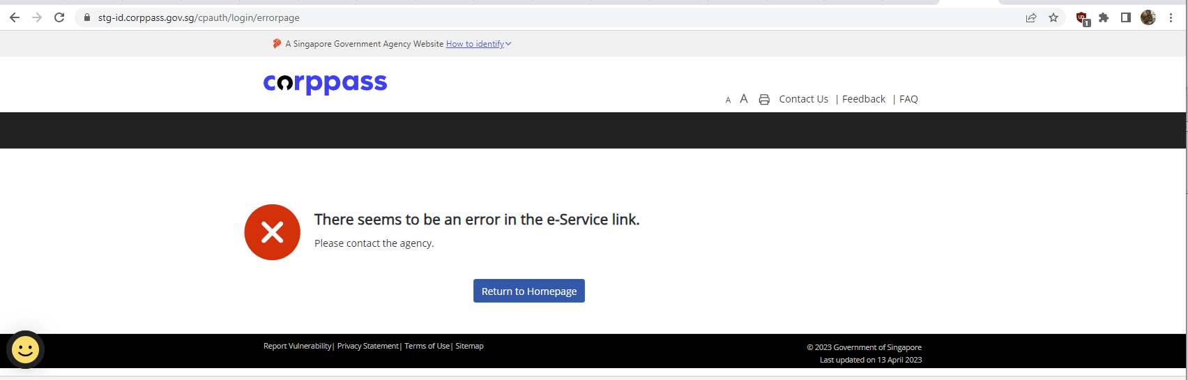 Corppass error page: "There seems to be an error in the e-Service link"