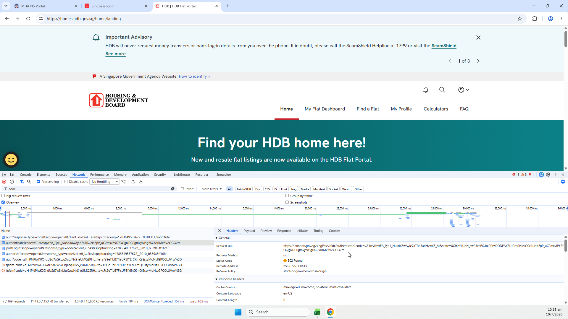Back on the relying party's site after login, with DevTools showing the real callback request carrying the returned authorization code