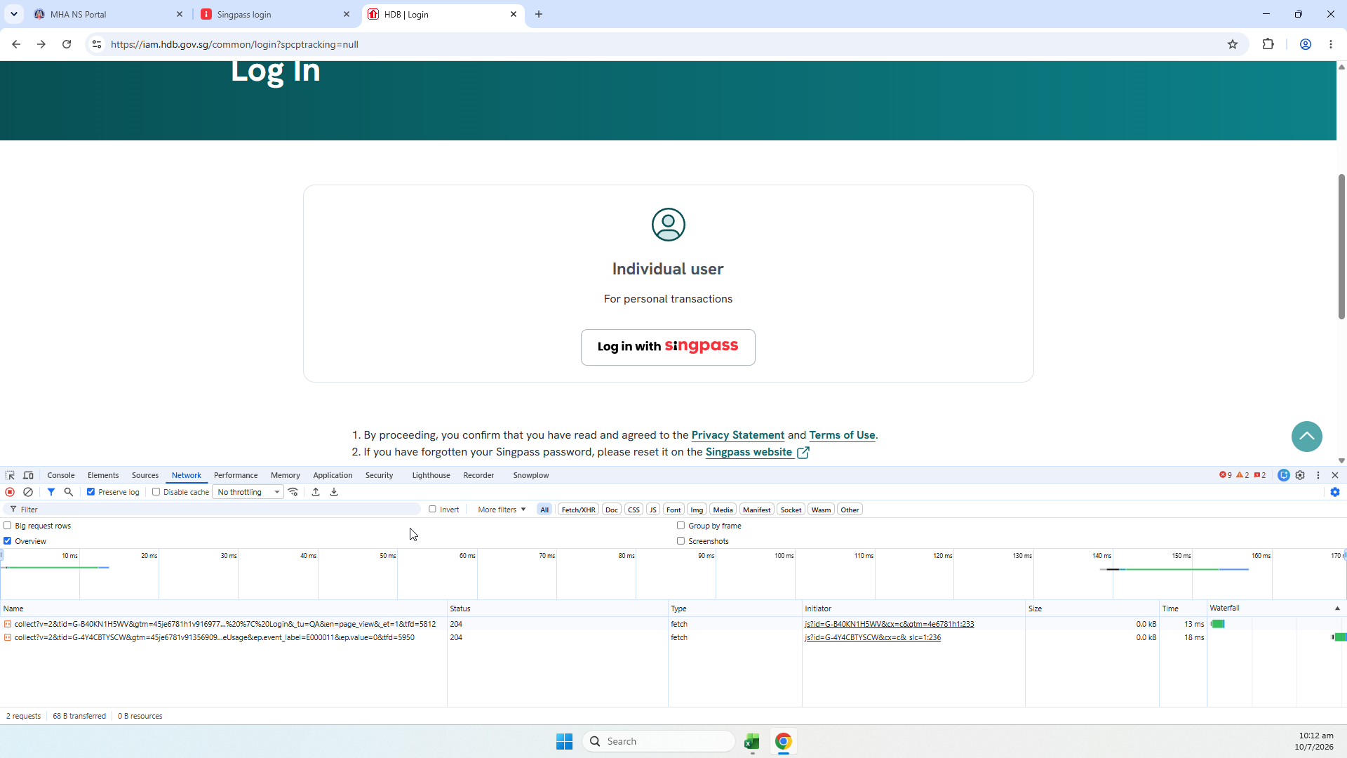 A relying-party login page offering "Individual user -- Log in with Singpass"