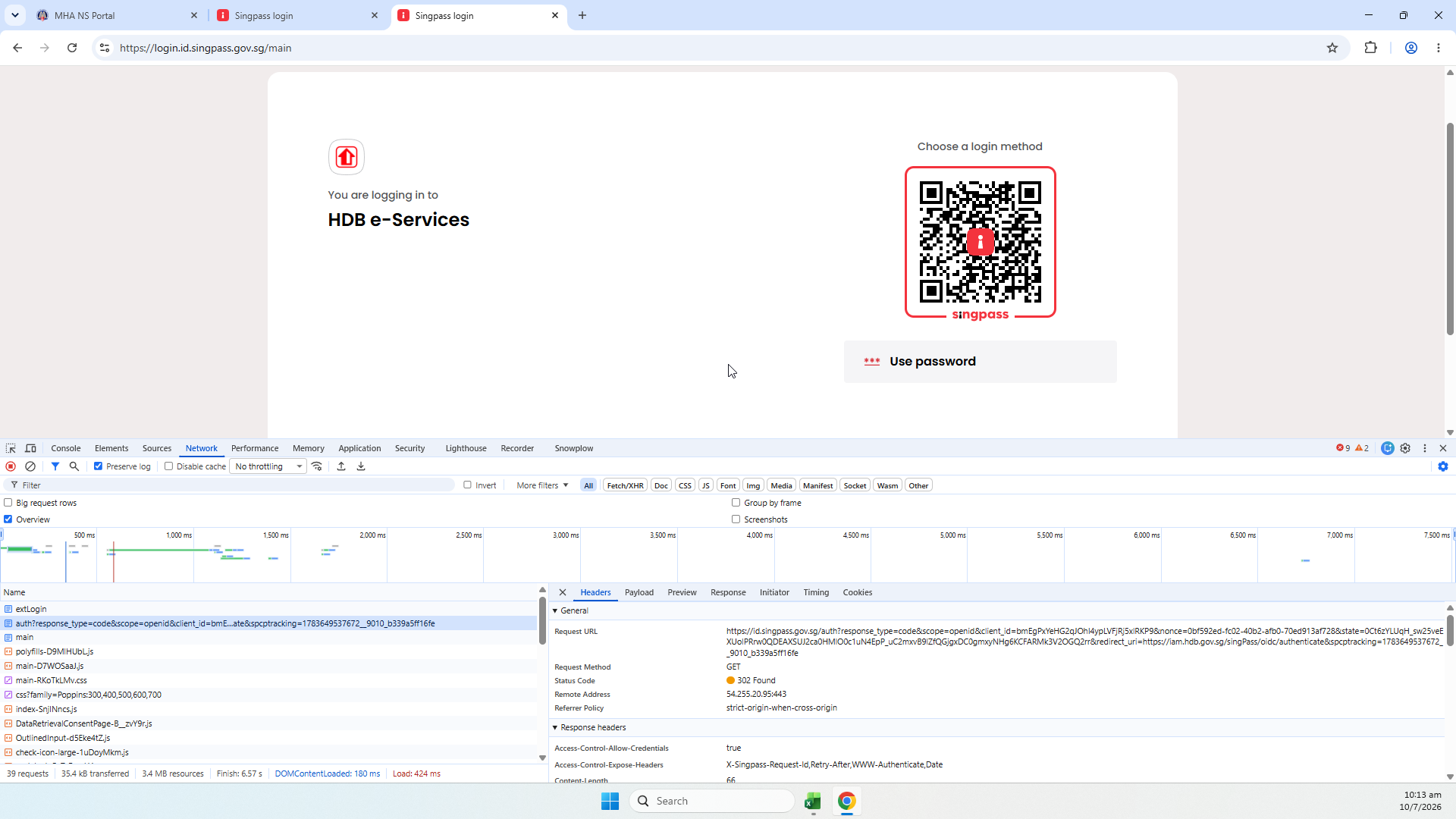 The browser now on id.singpass.gov.sg, with DevTools showing the real /authorize request and its redirect_uri, client_id, scope, state and nonce