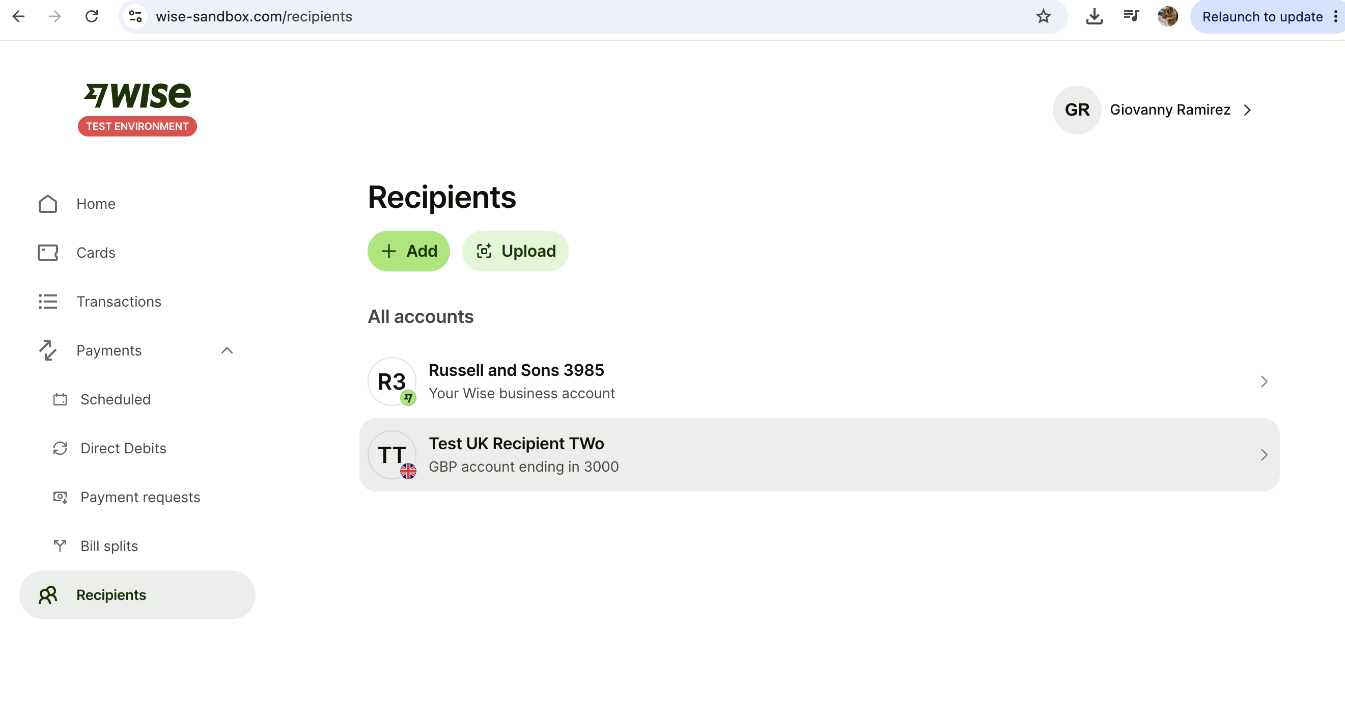 Sandbox UI: recipients list