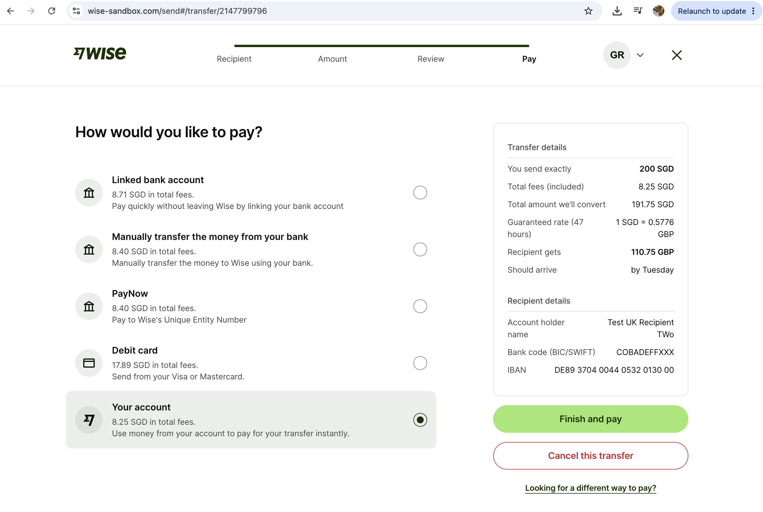 Sandbox UI: payment method selection
