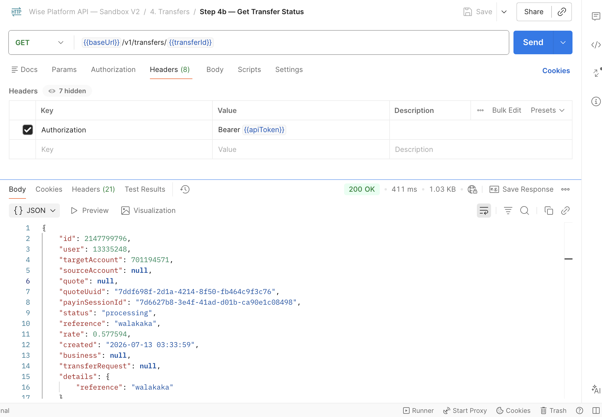 Postman: get status confirming processing