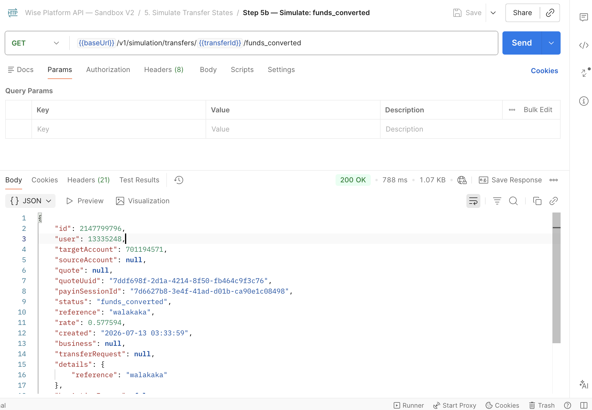 Postman: simulate funds_converted