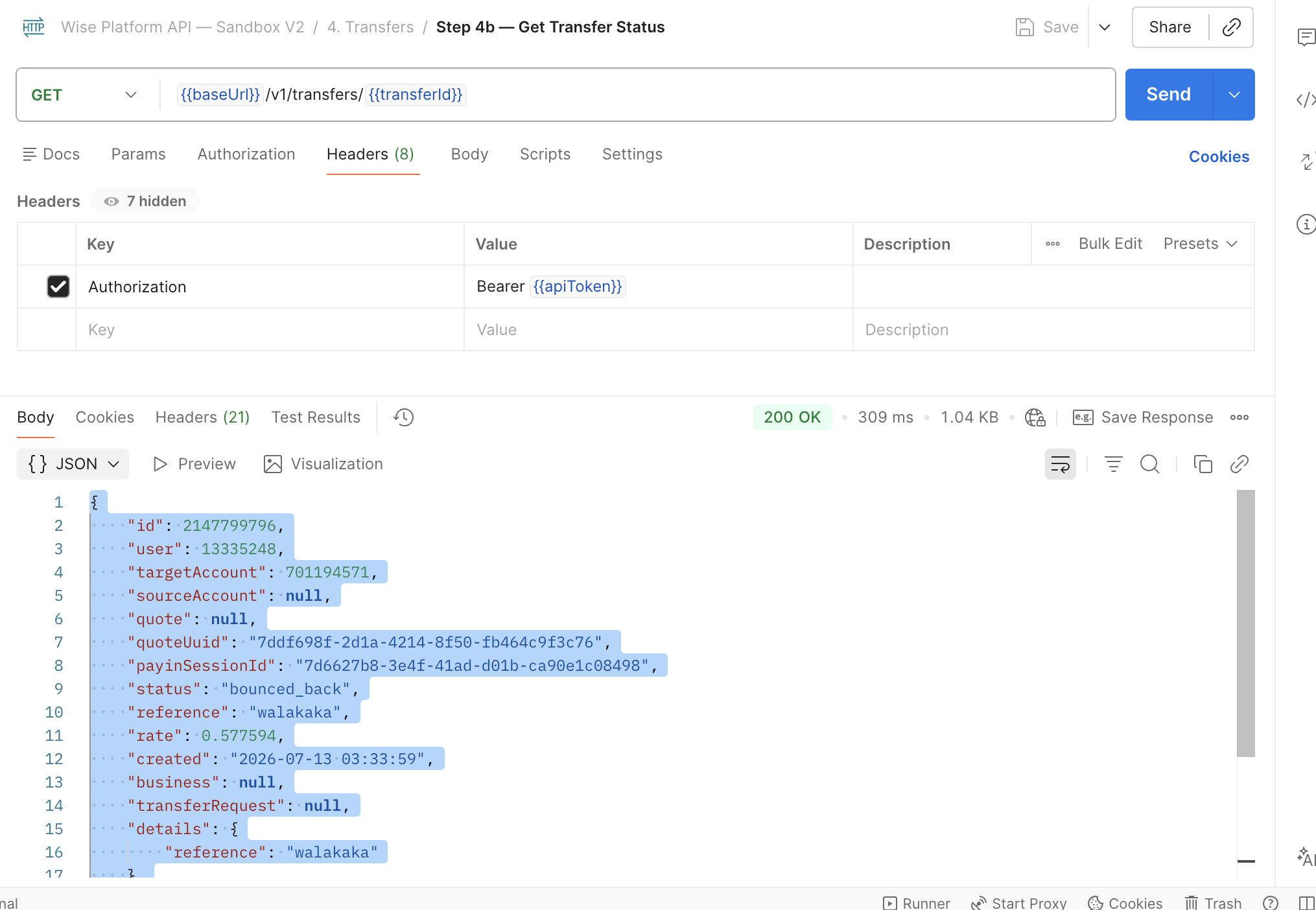 Postman: get status confirming bounced_back