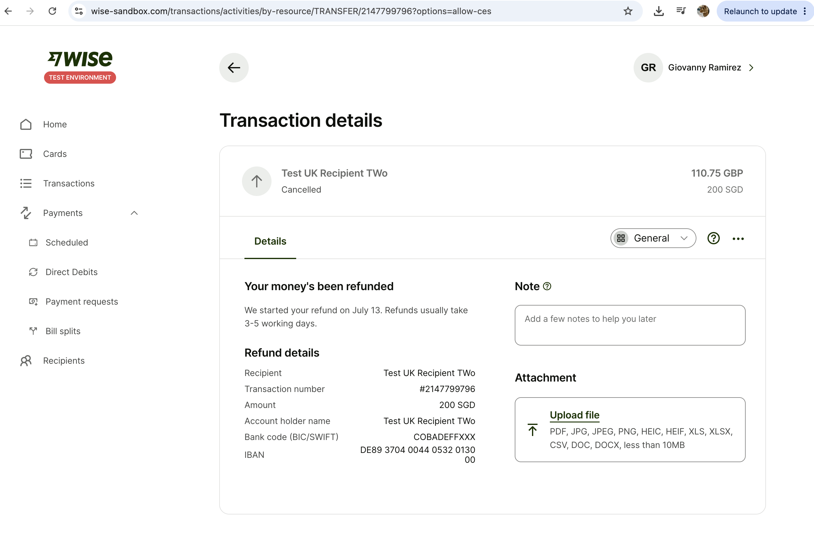 Sandbox UI: refunded/cancelled